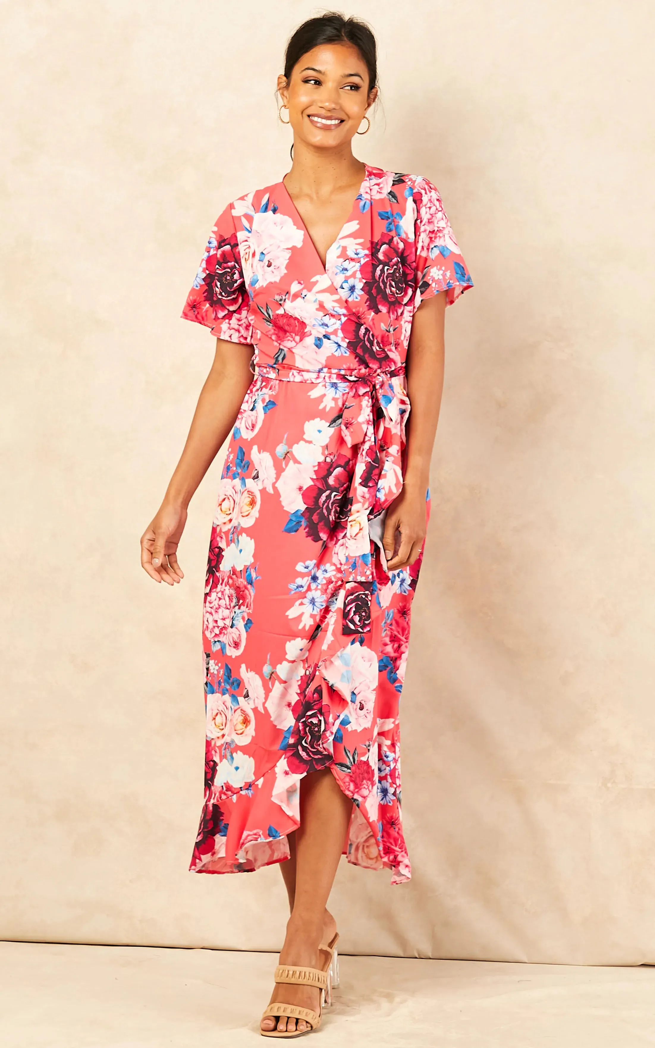 Wrap Midi Frill Skirt Dress in Coral Floral print
