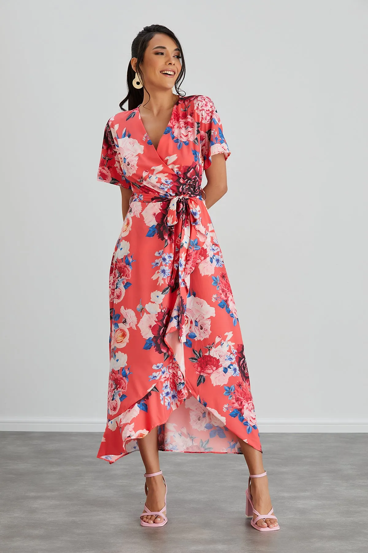 Wrap Midi Frill Skirt Dress in Coral Floral print