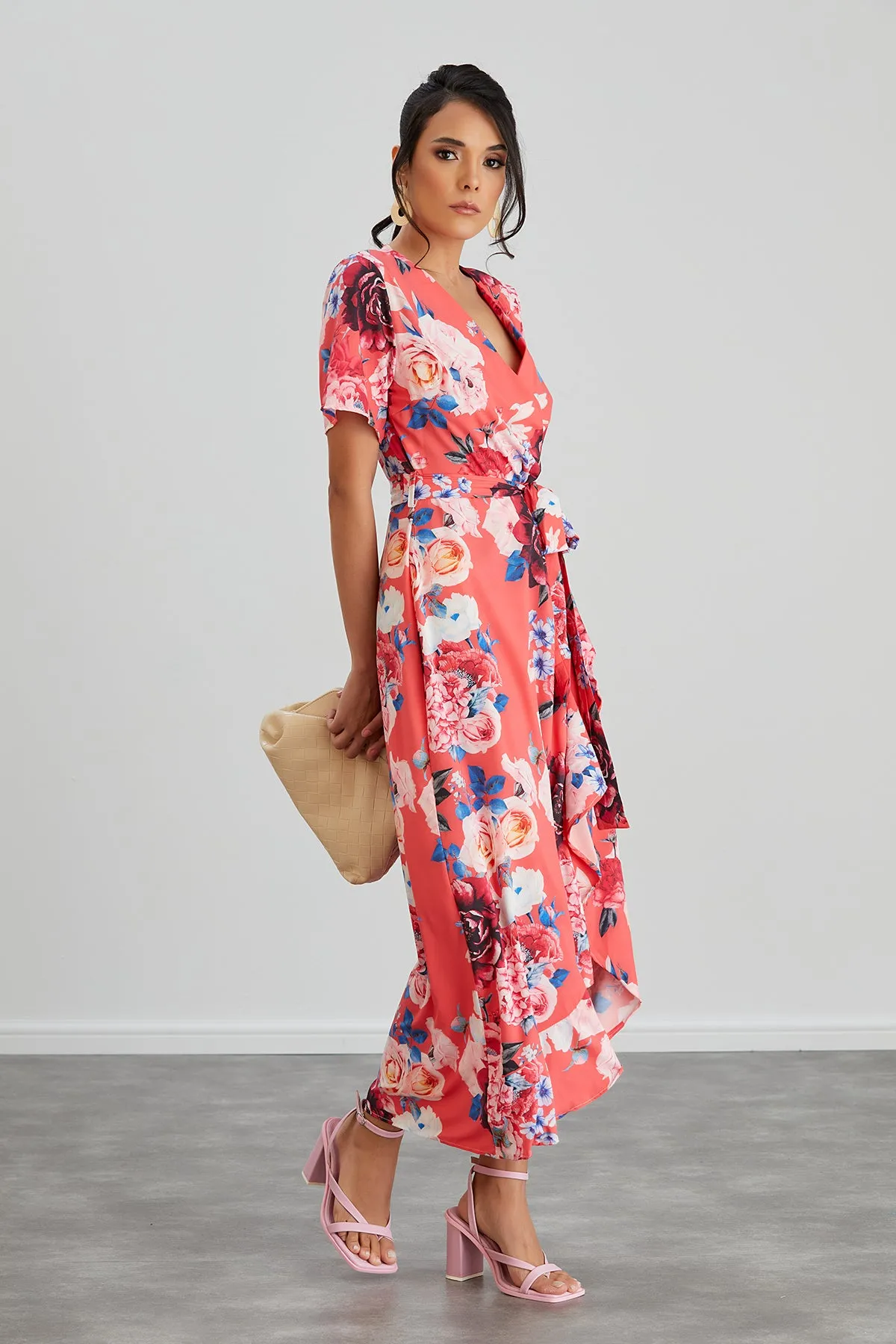 Wrap Midi Frill Skirt Dress in Coral Floral print