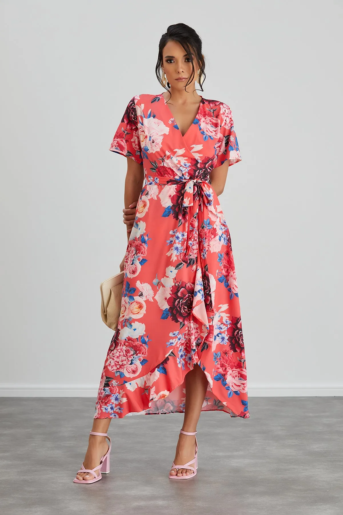 Wrap Midi Frill Skirt Dress in Coral Floral print
