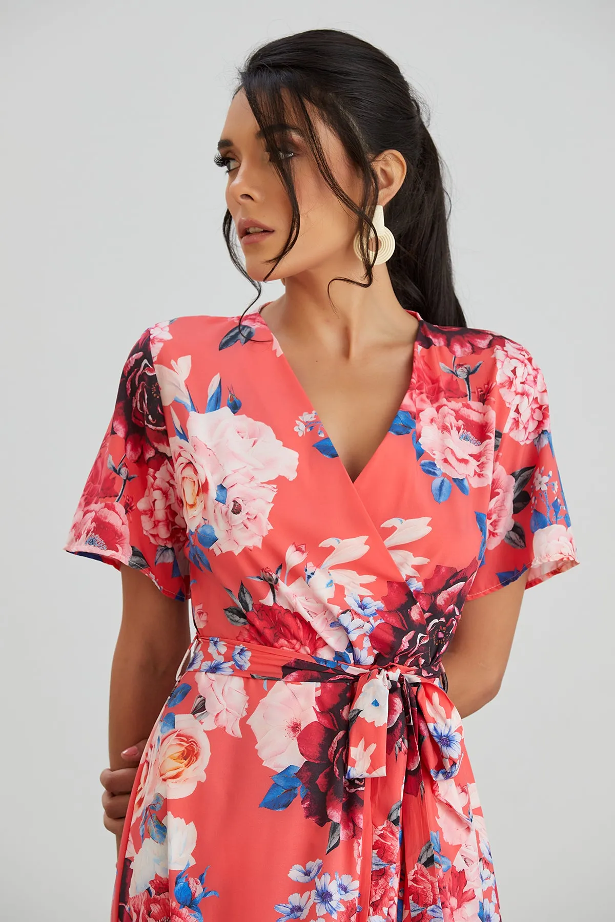 Wrap Midi Frill Skirt Dress in Coral Floral print