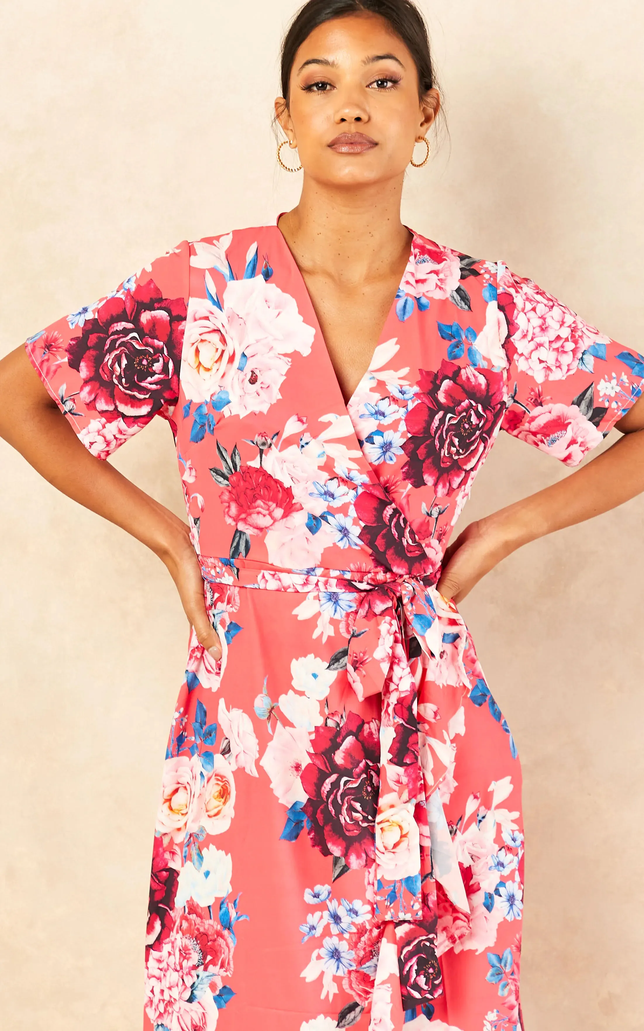 Wrap Midi Frill Skirt Dress in Coral Floral print
