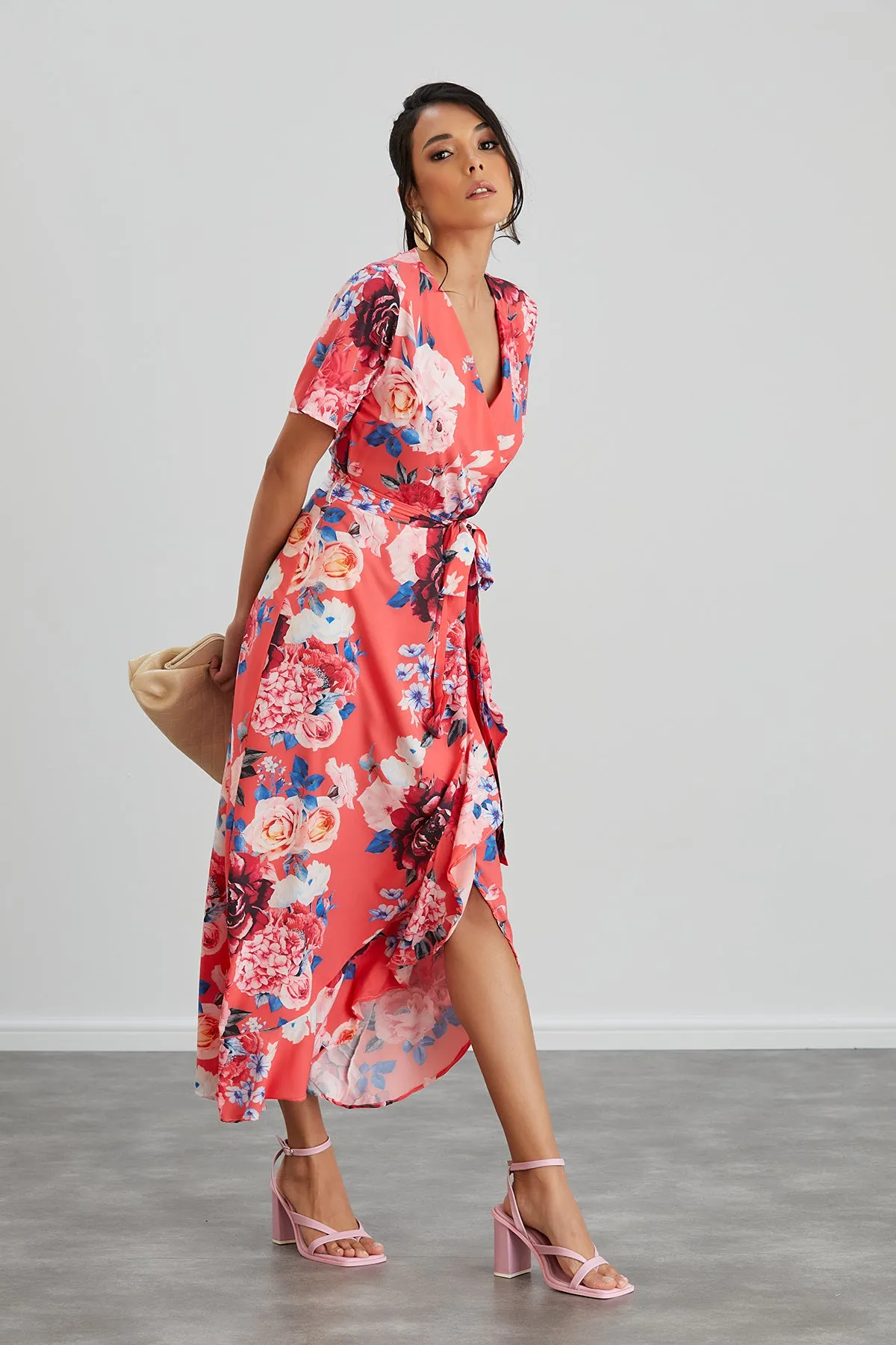Wrap Midi Frill Skirt Dress in Coral Floral print