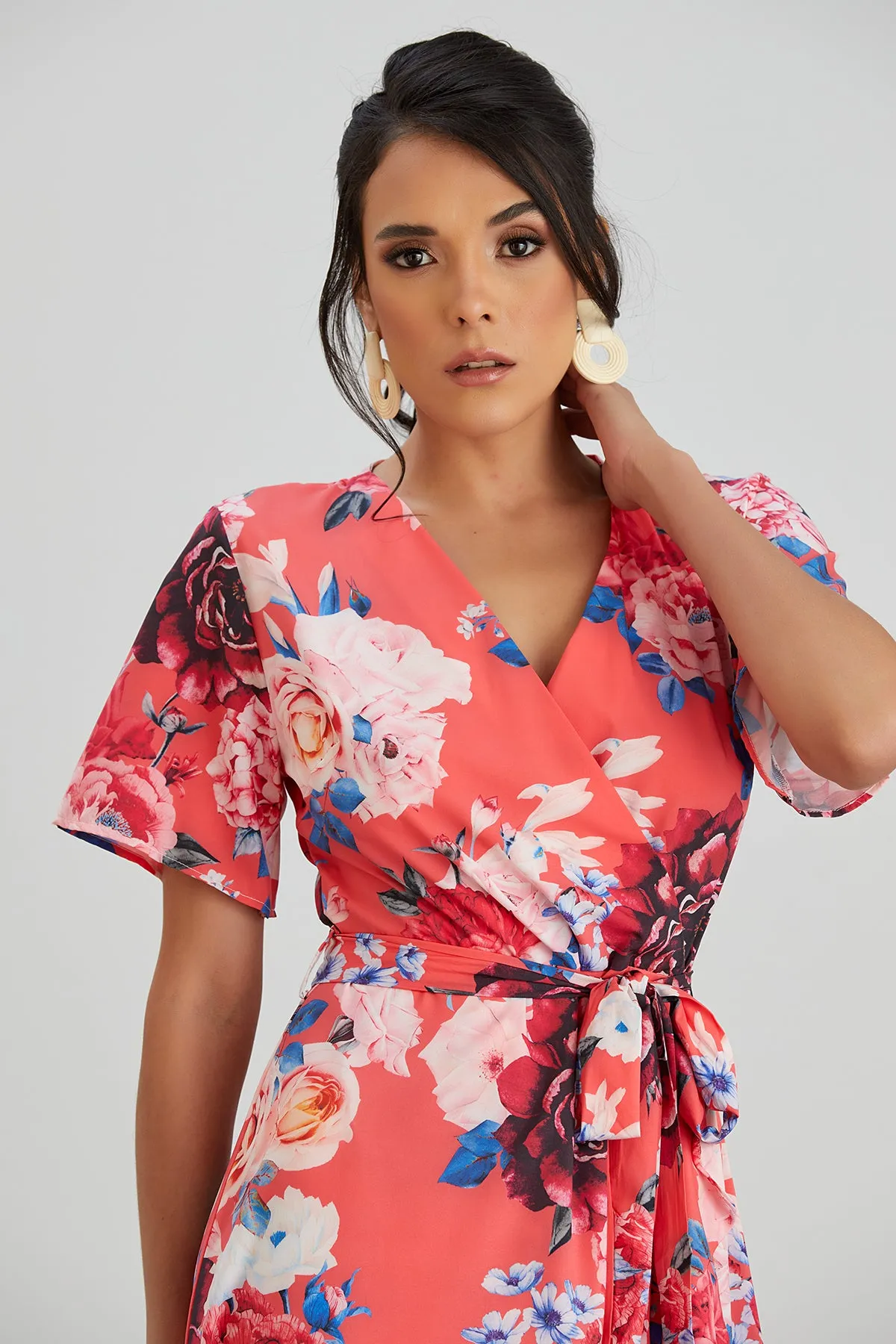 Wrap Midi Frill Skirt Dress in Coral Floral print
