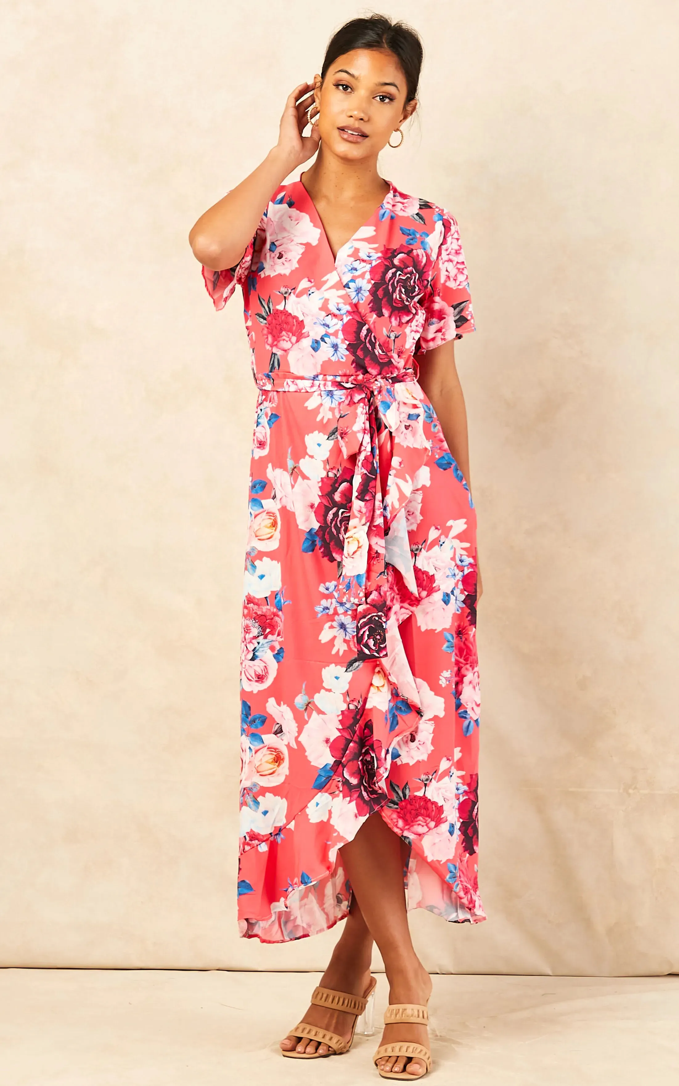 Wrap Midi Frill Skirt Dress in Coral Floral print