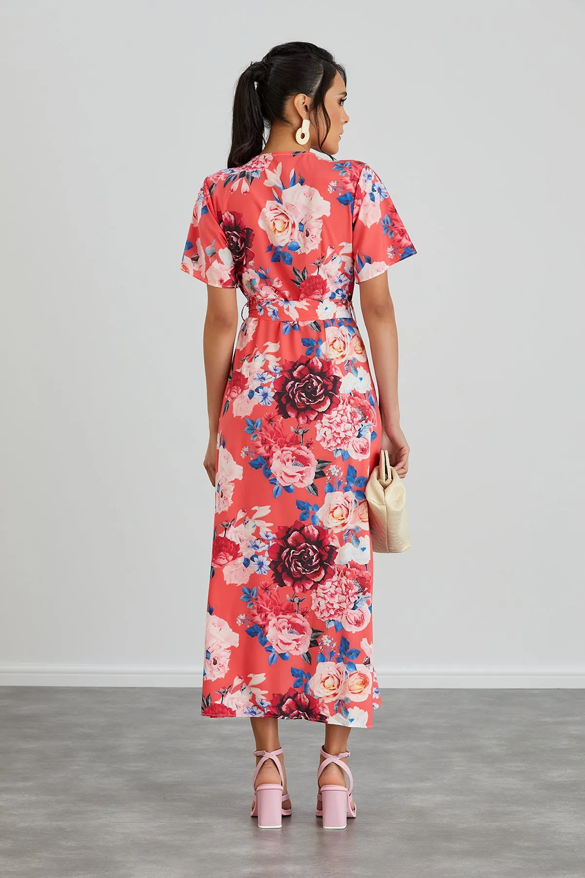 Wrap Midi Frill Skirt Dress in Coral Floral print