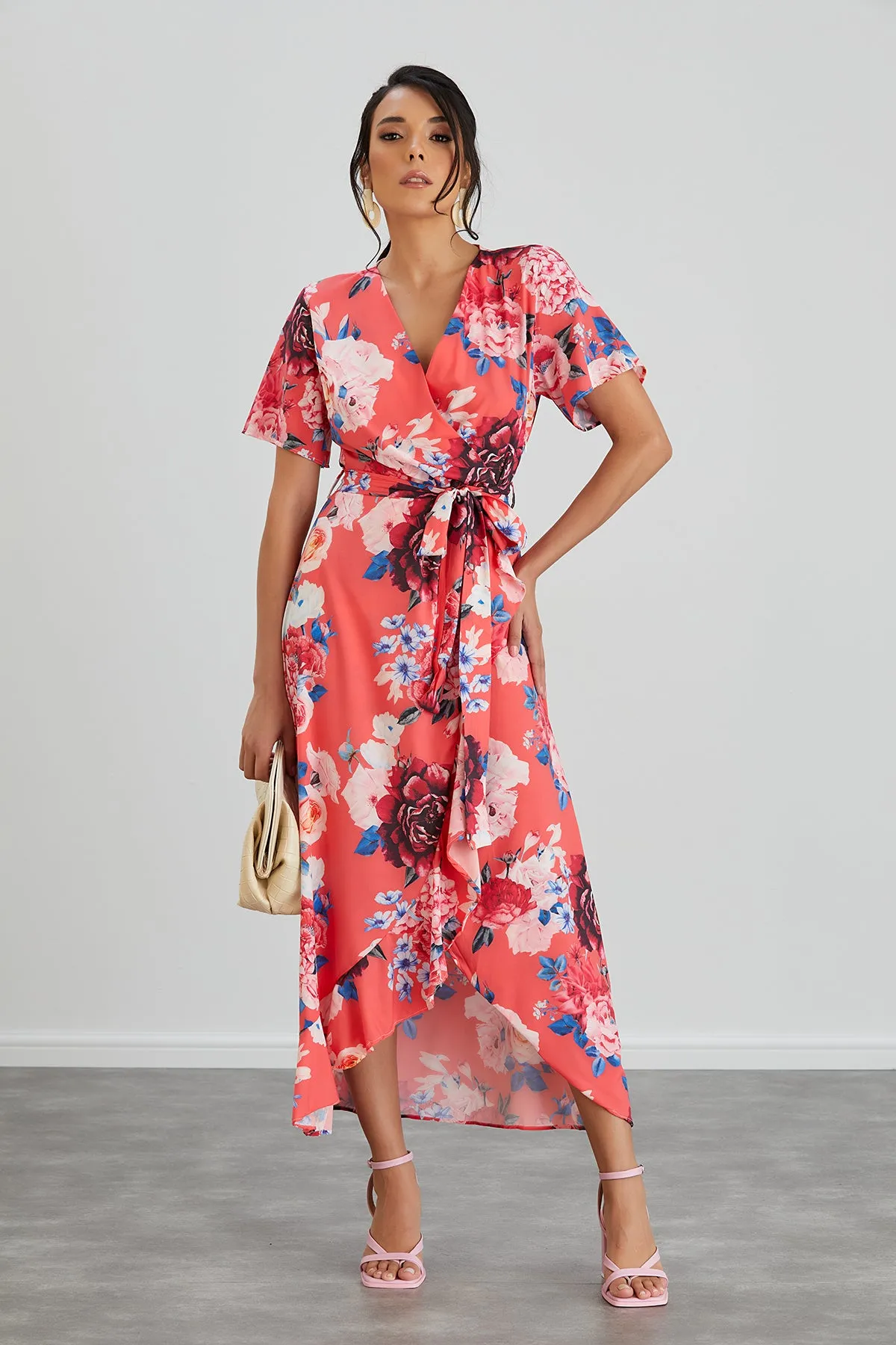 Wrap Midi Frill Skirt Dress in Coral Floral print