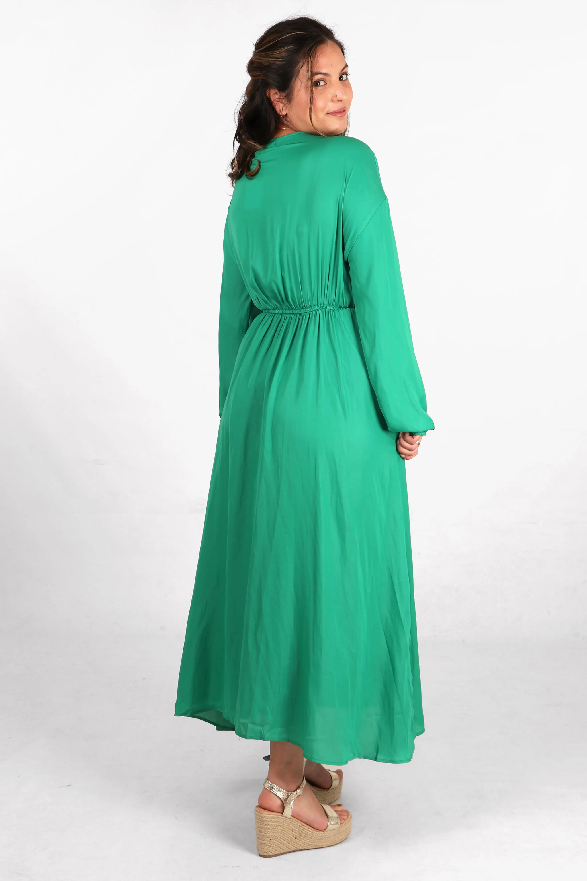Wrap Top Maxi Dress with Elasticated Waist in Green
