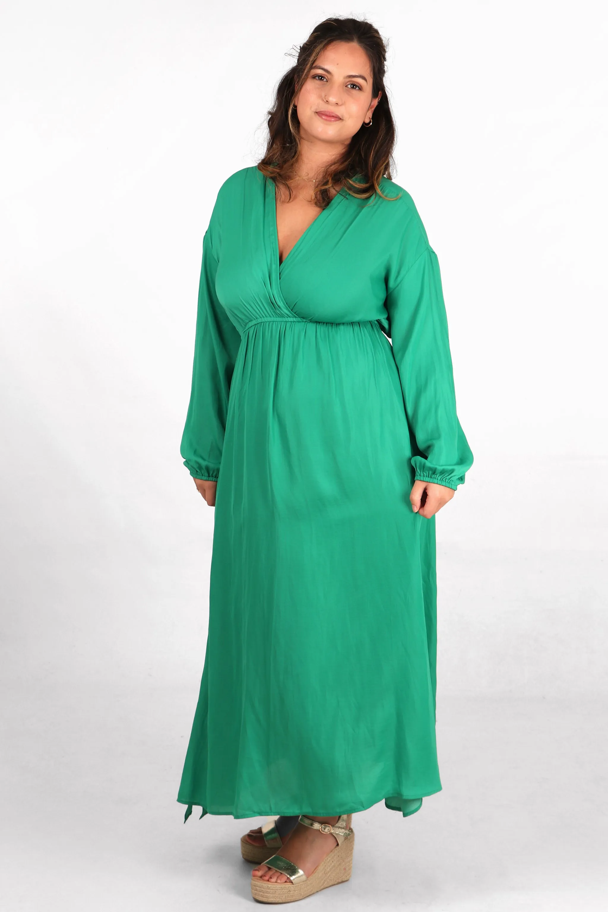 Wrap Top Maxi Dress with Elasticated Waist in Green