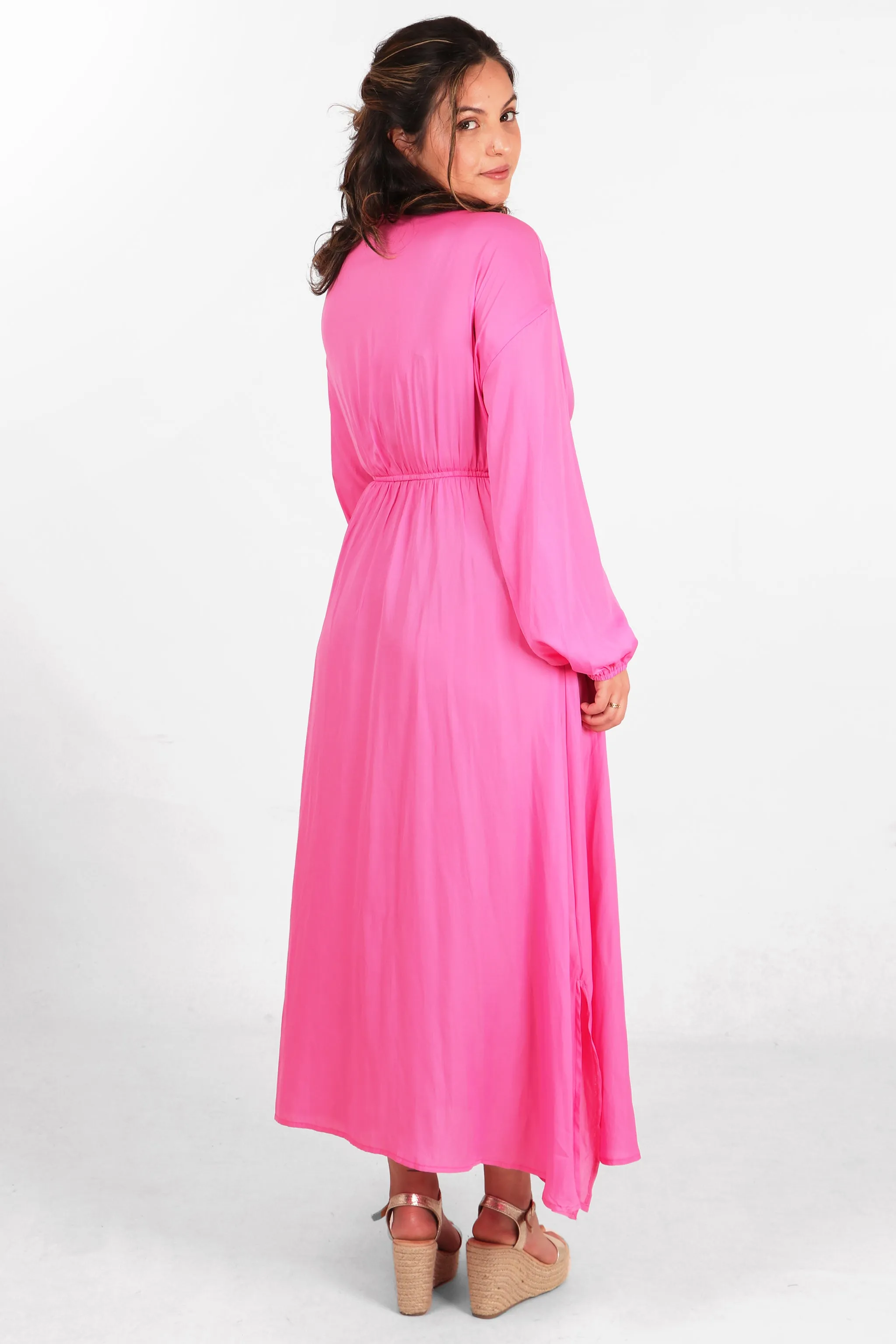 Wrap Top Maxi Dress with Elasticated Waist in Pink