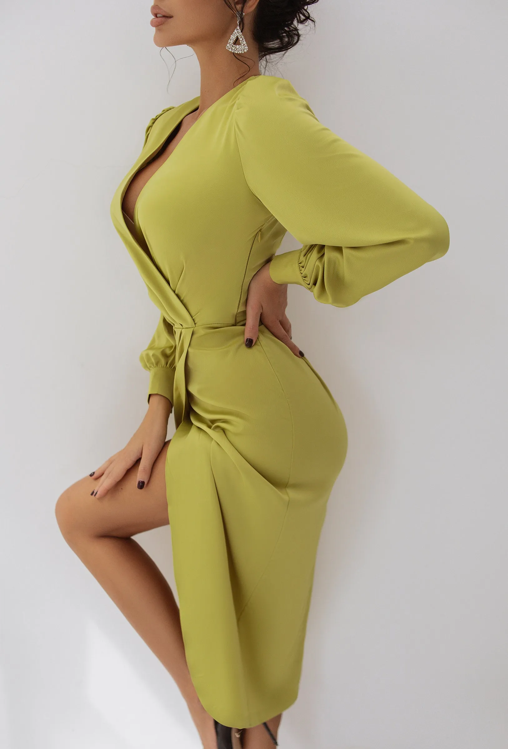 Yellow-Green Wrap Long Sleeve Midi Dress
