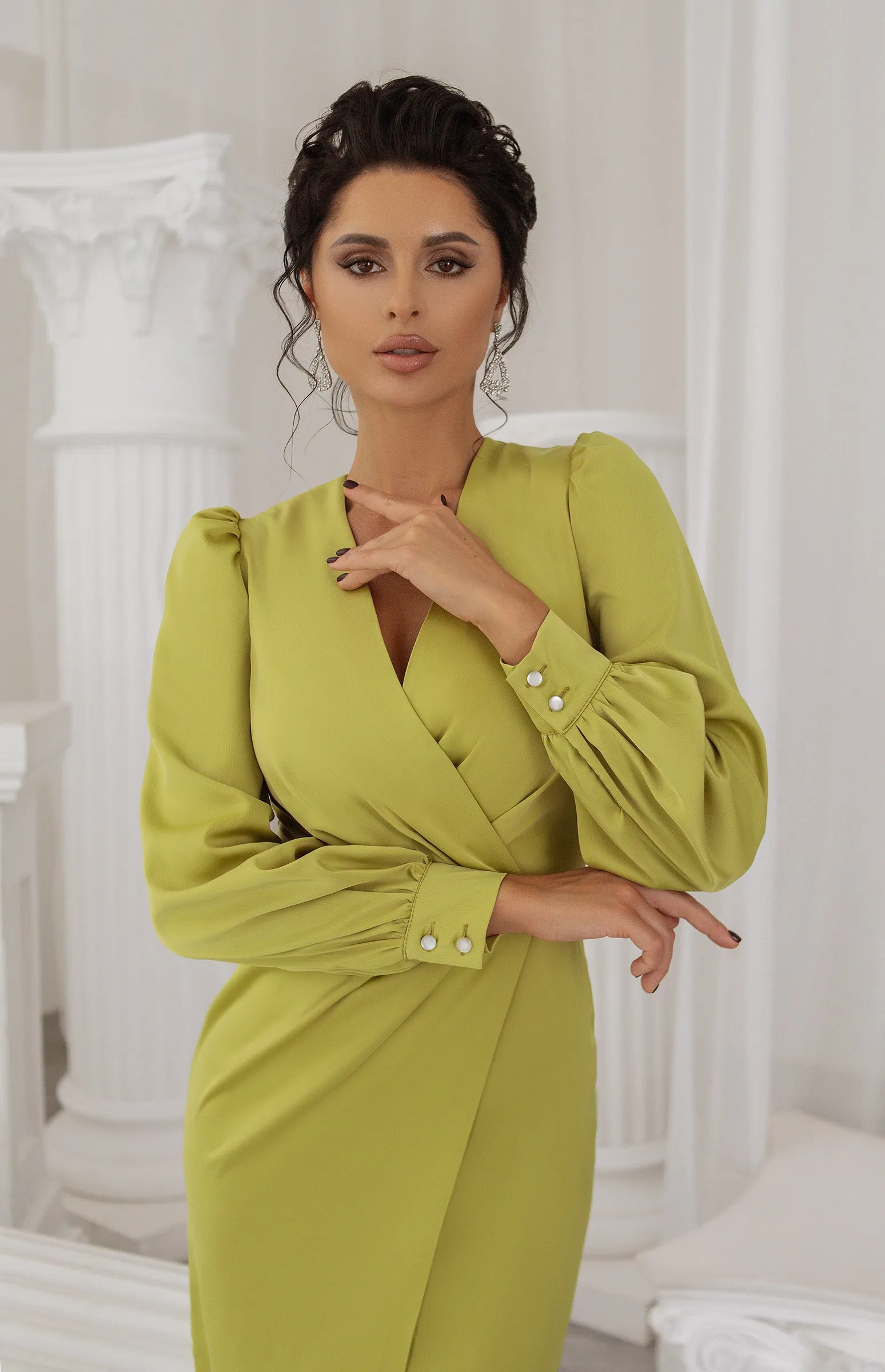 Yellow-Green Wrap Long Sleeve Midi Dress