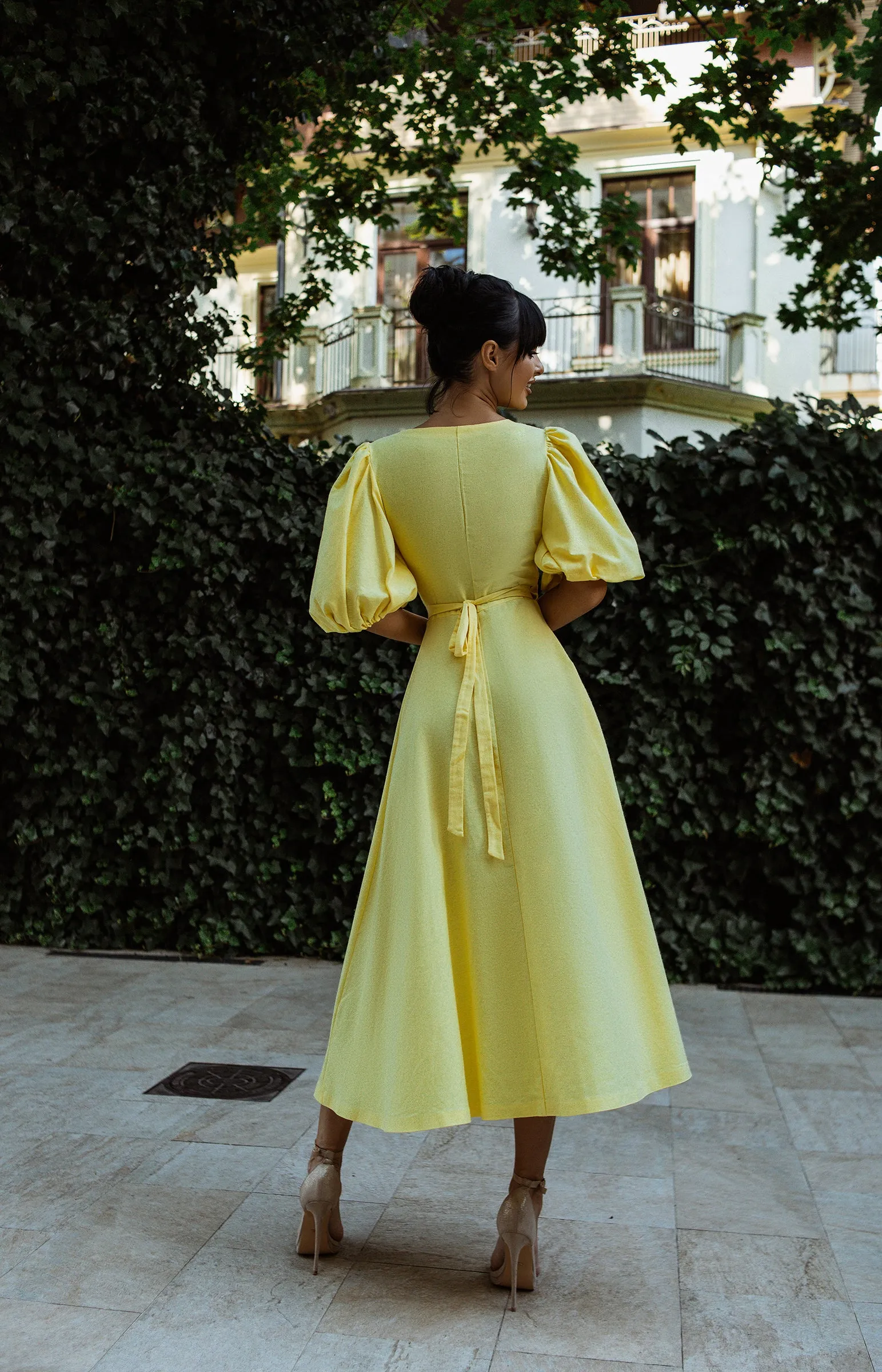 Yellow Puff-Sleeve Wrap Midi Dress