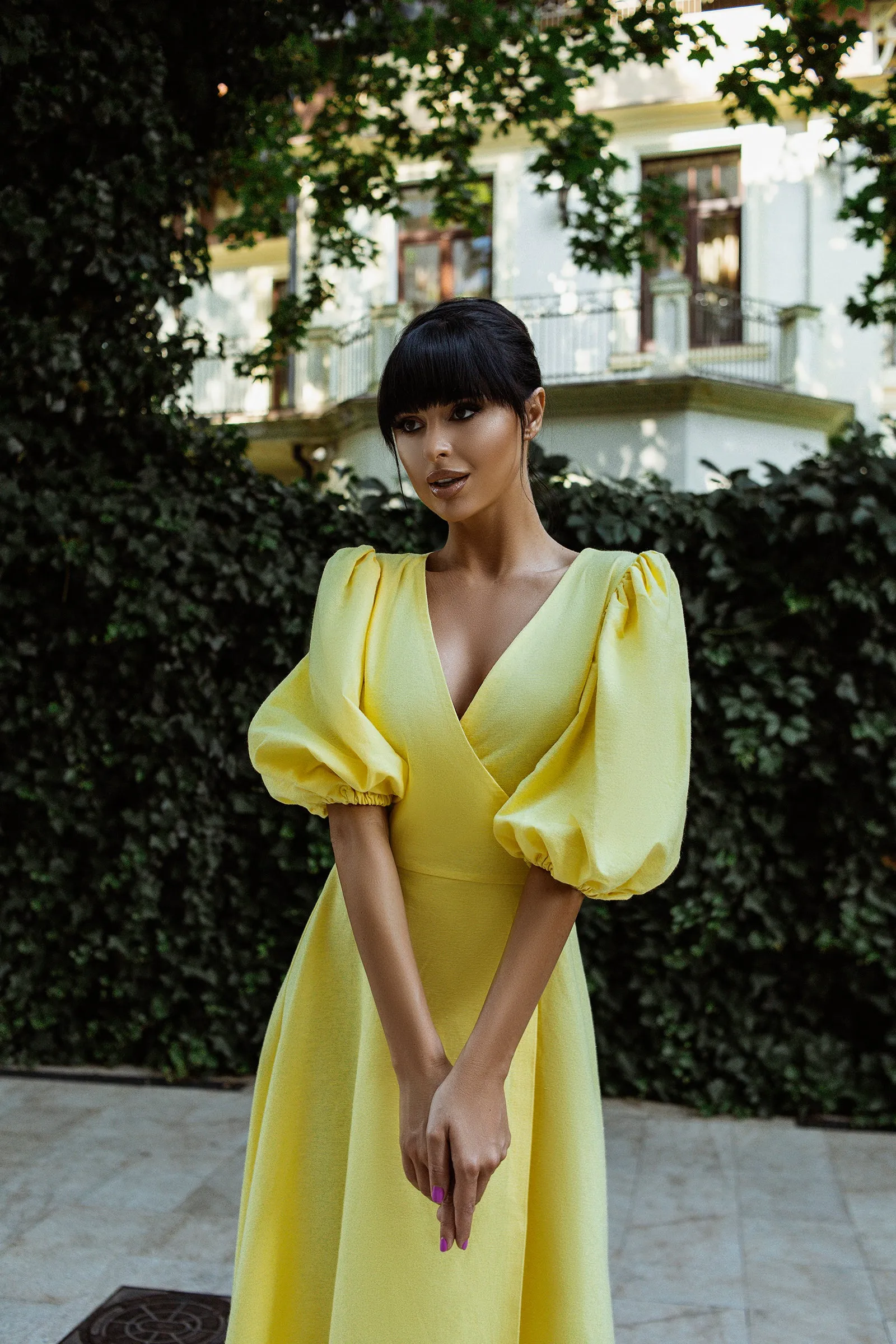 Yellow Puff-Sleeve Wrap Midi Dress