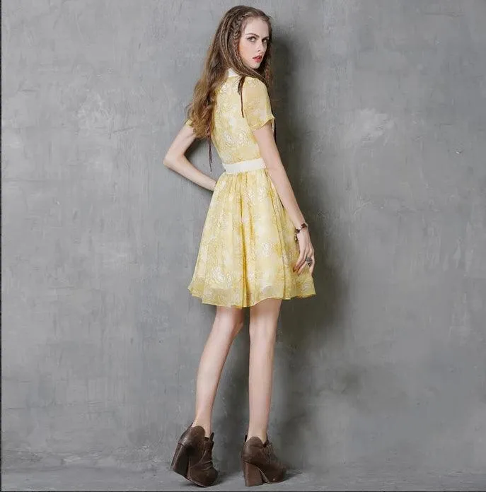 Yellow Short Sleeve Peter Pan Collar Floral Print Dress