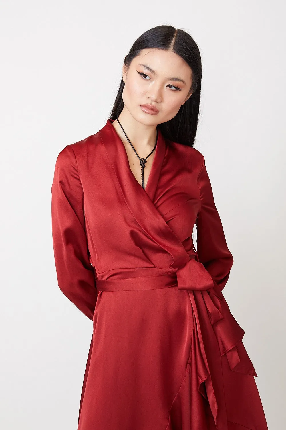 YVETTE - LONG SLEEVES SATIN WRAP DRESS