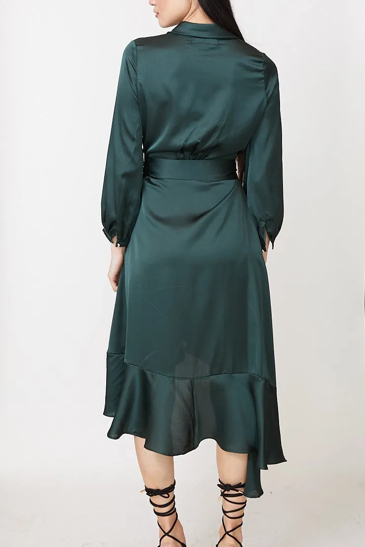 YVETTE - LONG SLEEVES SATIN WRAP DRESS