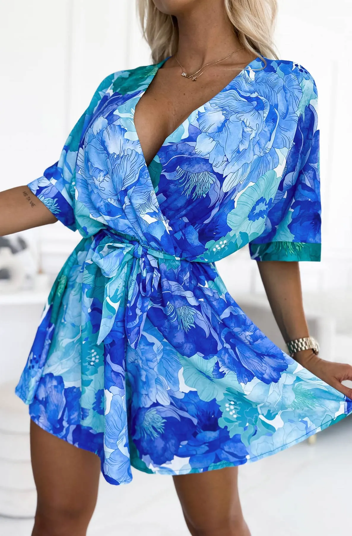 Zanita Floral Print Wrap Dress-Blue