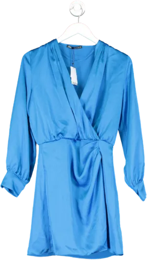 ZARA Blue Draped Satin Long Sleeve Wrap Mini Dress BNWT UK S