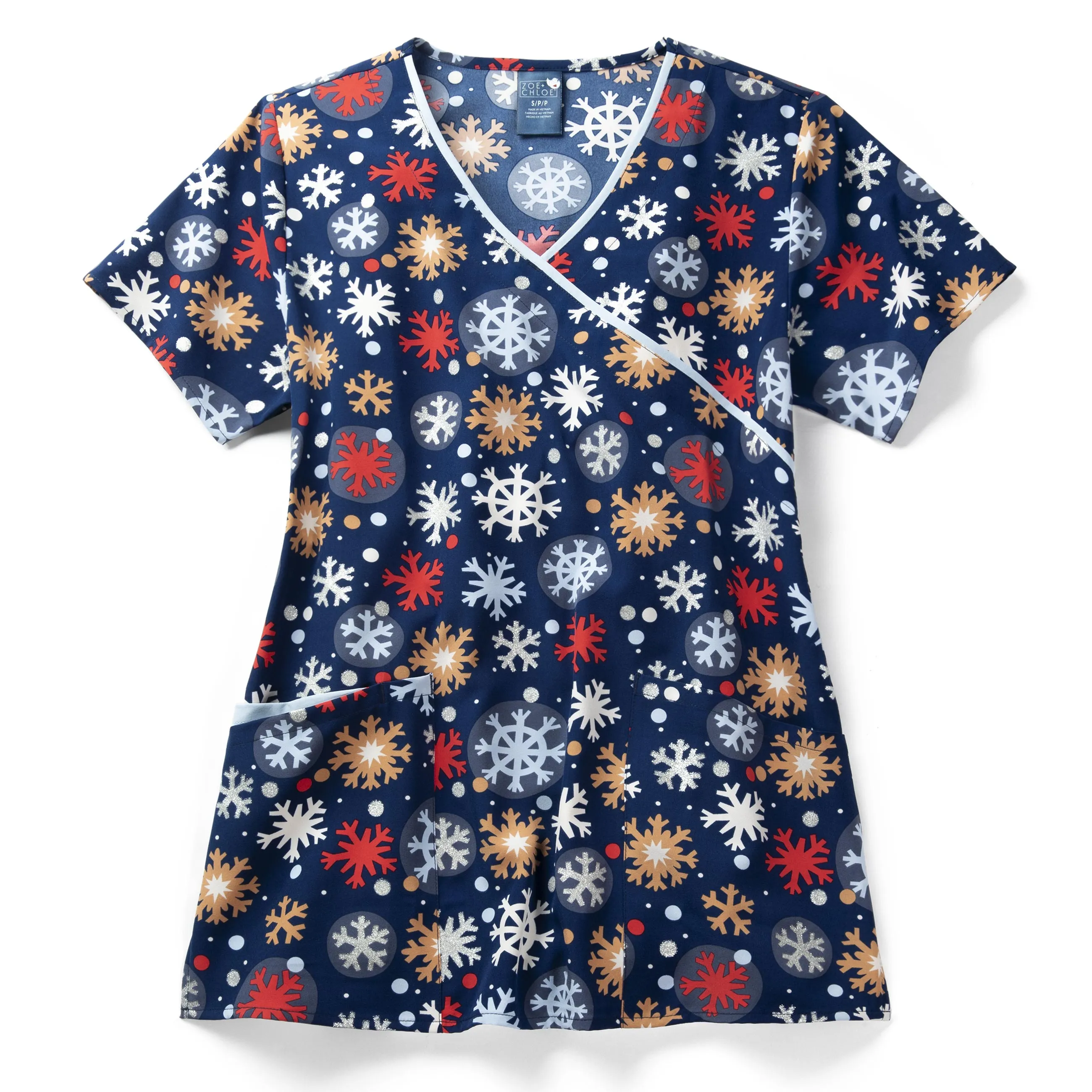 Zoe Chloe Contrast Mock Wrap Print Scrub Top - Frosty Drop