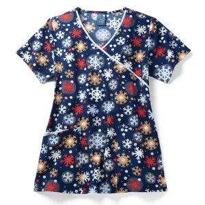 Zoe Chloe Contrast Mock Wrap Print Scrub Top - Frosty Drop